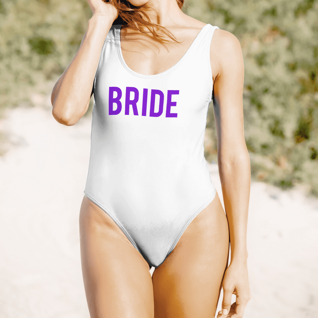 "Bride" White Swimsuit - Bebas Font in Purple (Clearance Item)