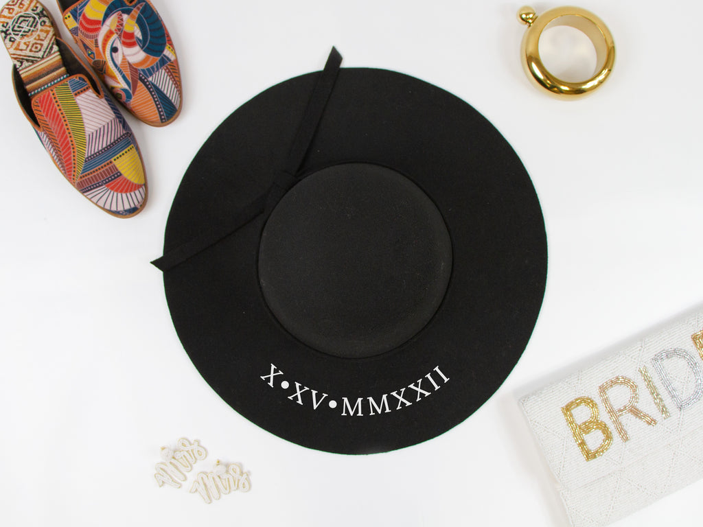 Custom Date Wedding Black Felt Floppy Hat