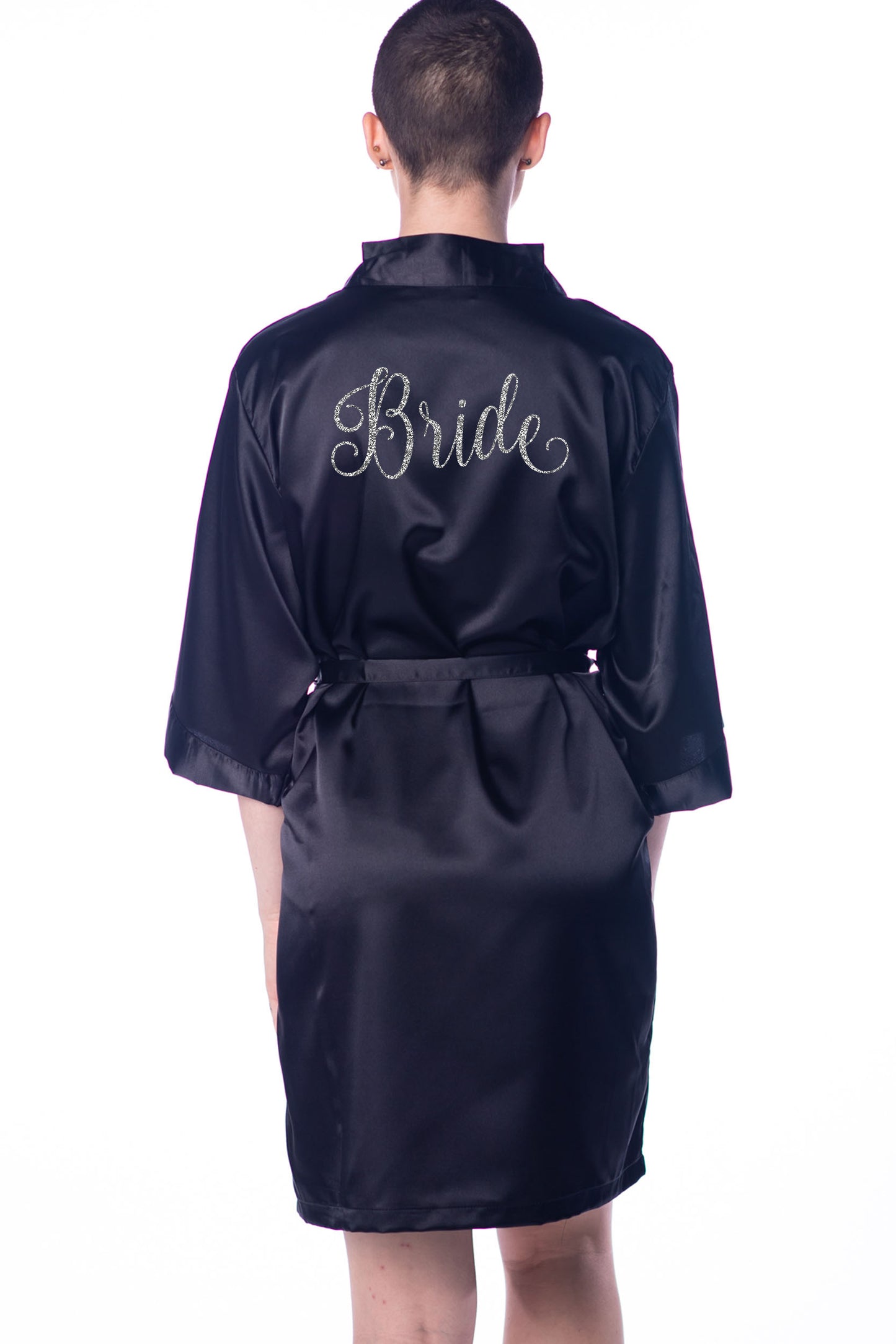 L/XL "Bride" Black Satin Robe - Nouradilla in Silver Glitter (Clearance Item)