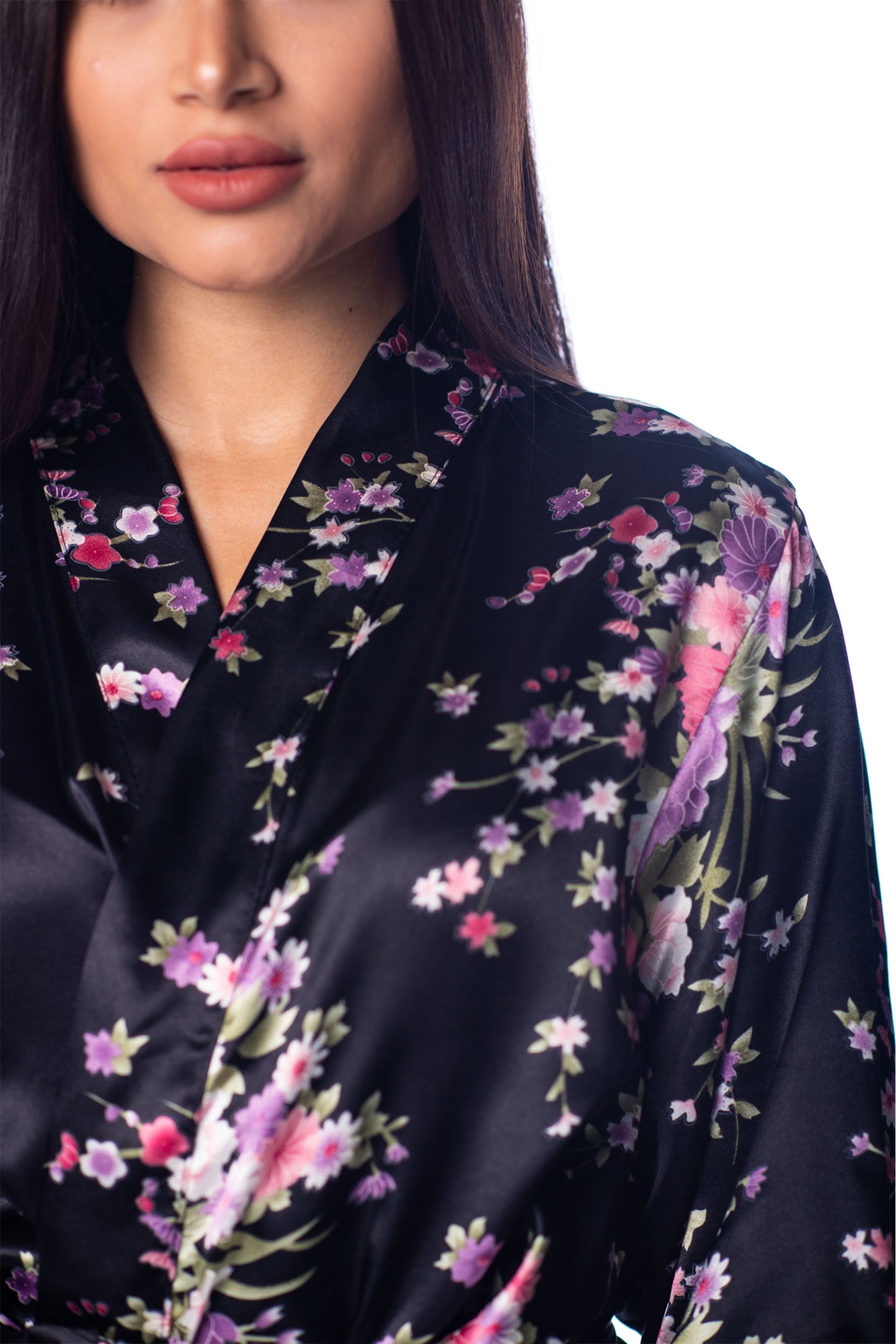 Floral Black Satin Kimono Robe