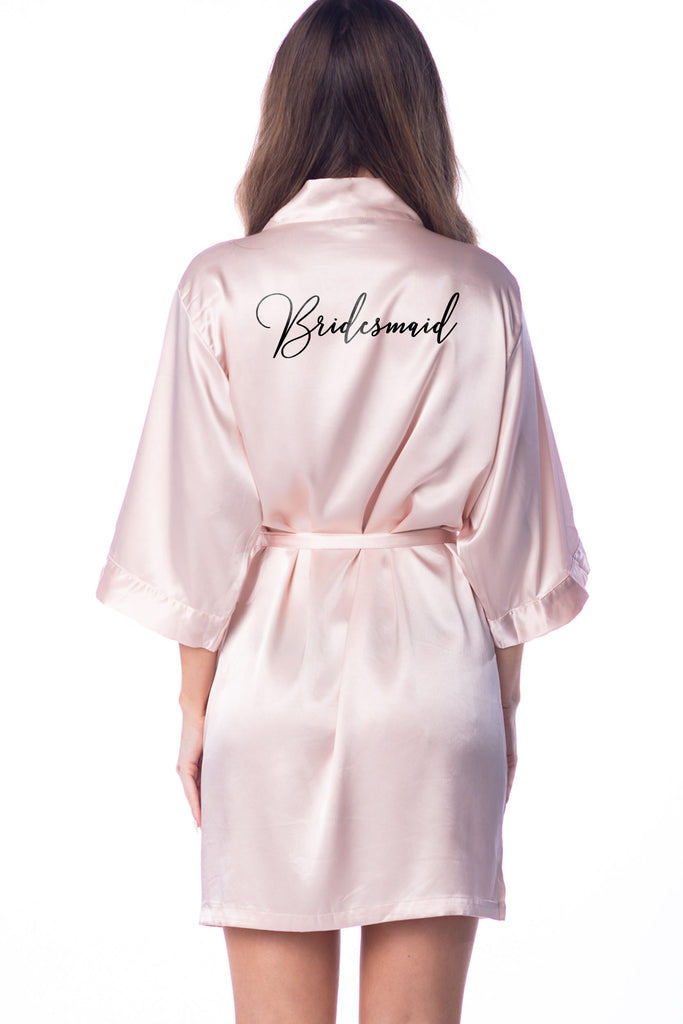 S/M "Bridesmaid" Blush Satin Robe - Handwritten in Black (Clearance Item)