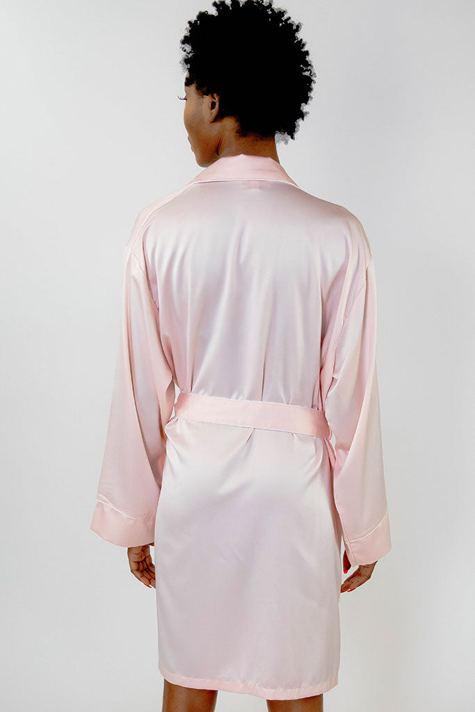 Blush Piped with White Trim Satin Kimono Robe