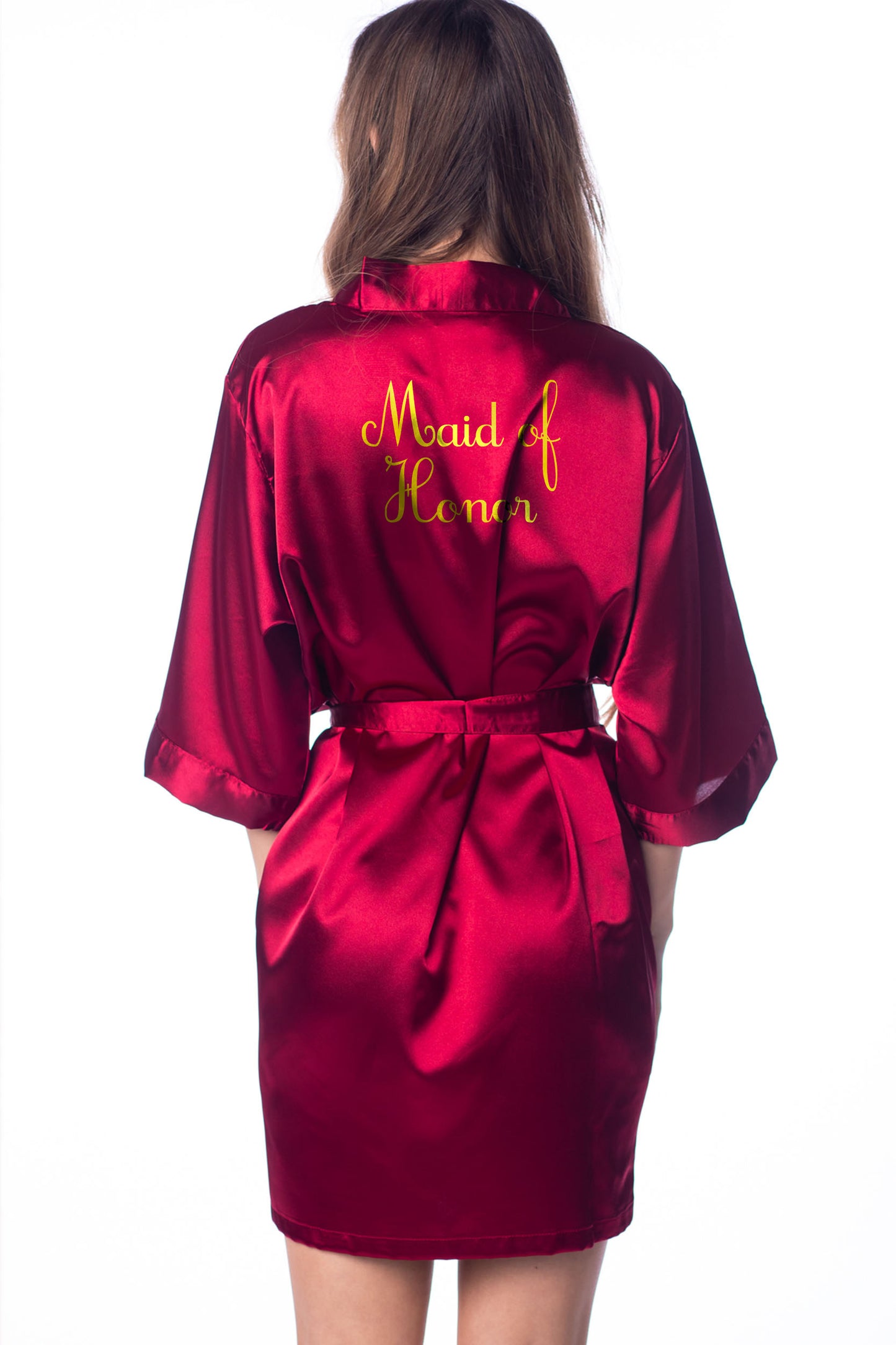 S/M "Maid of Honor" Burgundy Satin Robe - Cursif in Metal Gold (Clearance Item)