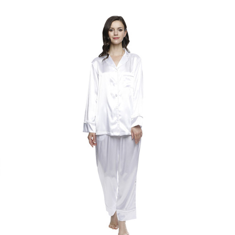 Pajama Pant Set in Matte Satin White Fabric and Notched Collar