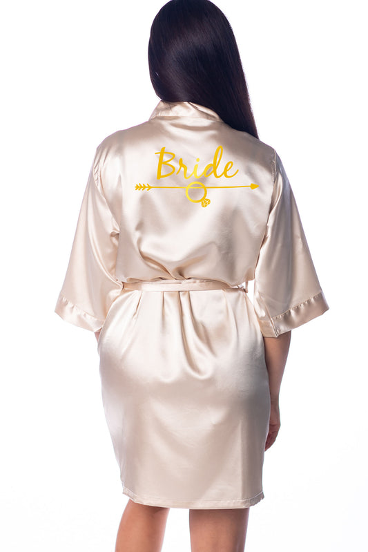 L/XL "Bride" Champagne Satin Robe - Arrow in Metal Gold (Clearance Item)