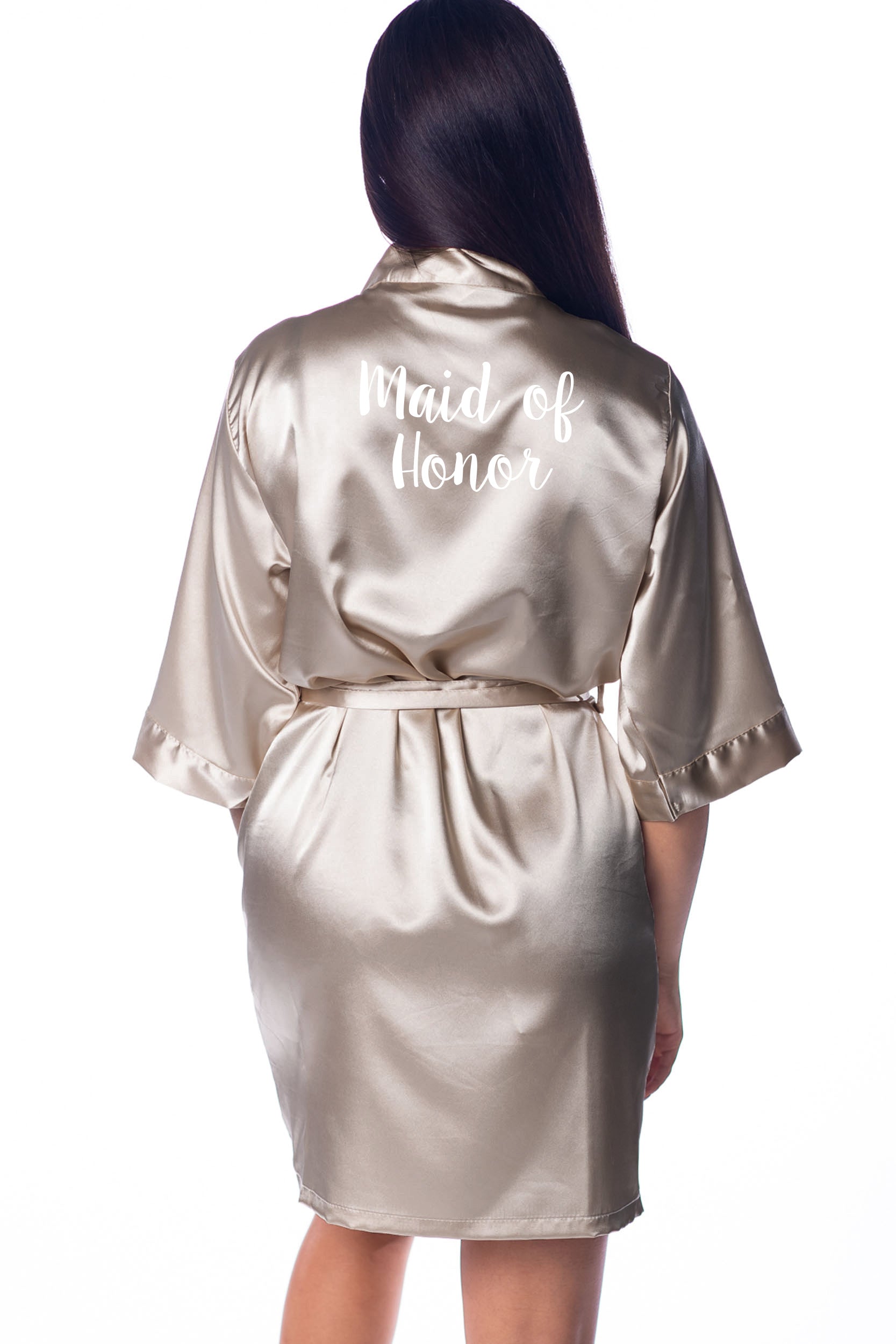 L/XL "Maid of Honor" Champagne Satin Robe - Sweetpea in White (Clearance Item)