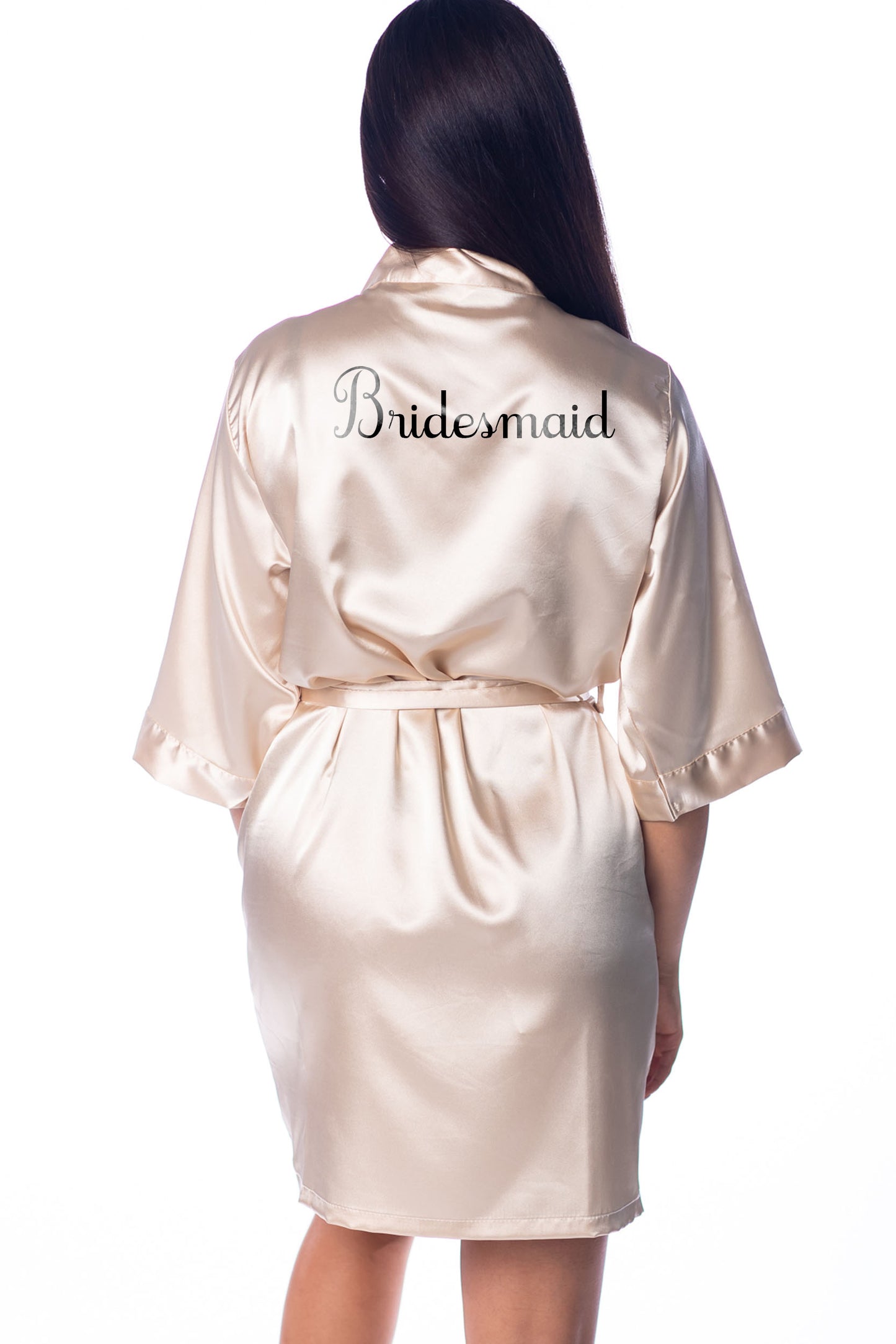 S/M "Bridesmaid" Champagne Satin Robe - Cursif in Black (Clearance Item)