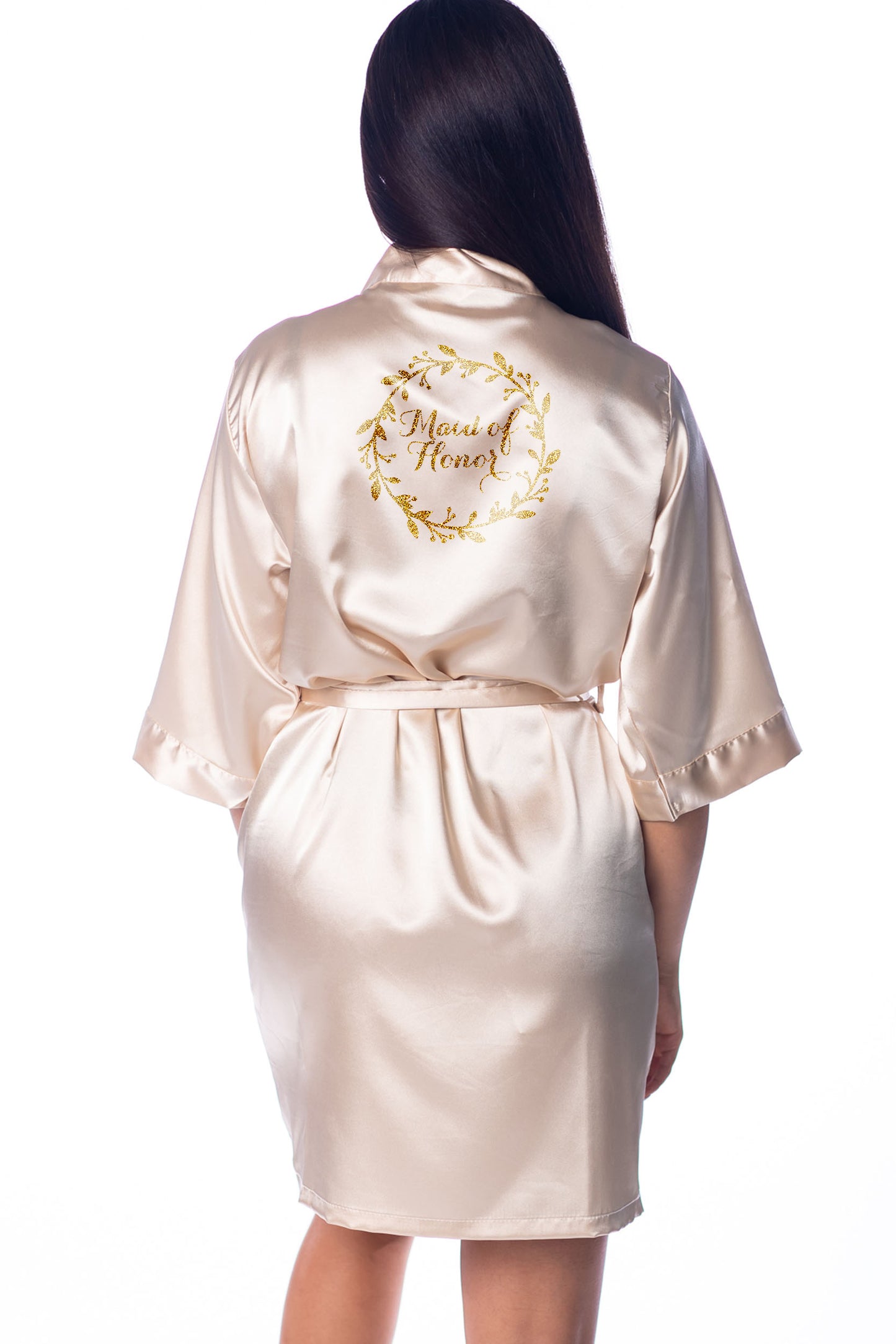 S/M "Maid of Honor" Champagne Satin Robe - Wreath in Gold Glitter (Clearance Item)