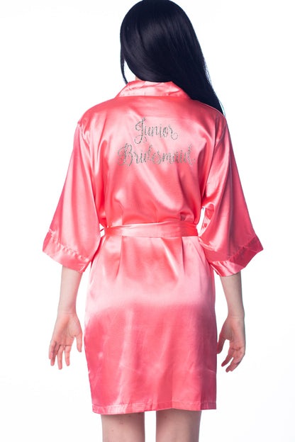 S/M "Junior Bridesmaid" Coral Satin Robe - Nouradilla in Silver Glitter (Clearance Item)