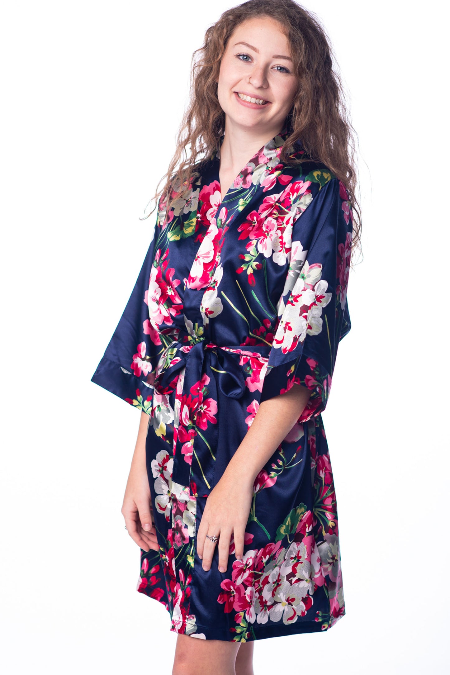 Floral Dark Navy Satin Kimono Robe