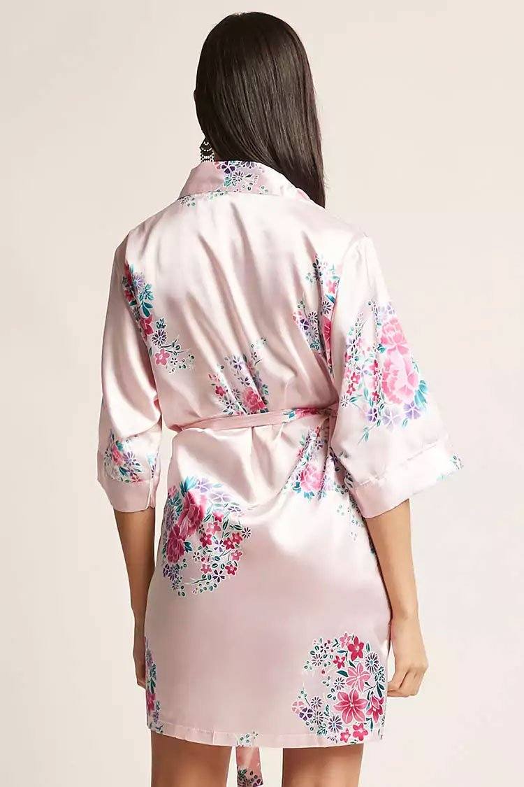 Floral Light Pink Satin Kimono Robe adult back