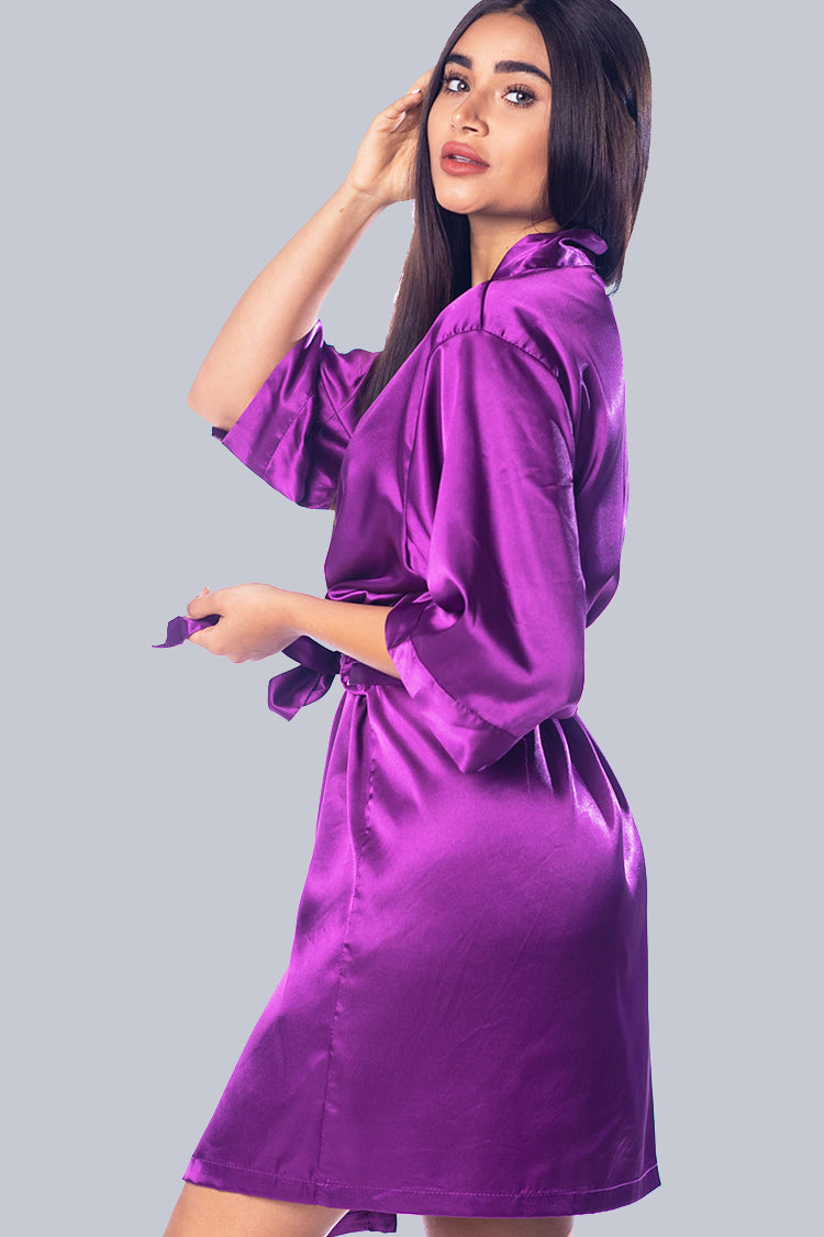 Egg Plant Satin Kimono Robe Side View - Purple Bridal Robe - Bridal Robe - Bridesmaid Robe - Purple Robe - PrettyRobes