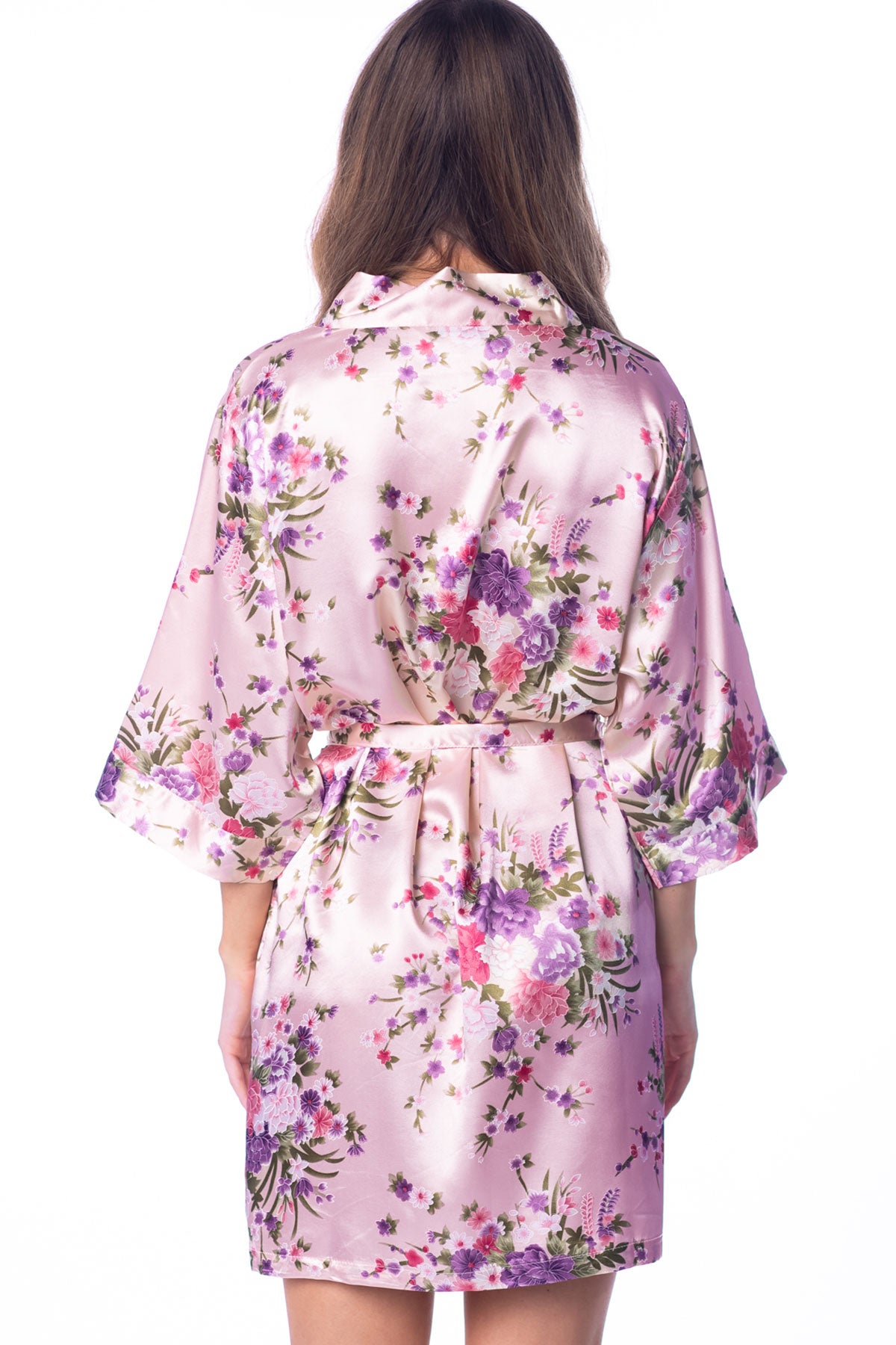 Floral Pink Satin Kimono Robe junior back