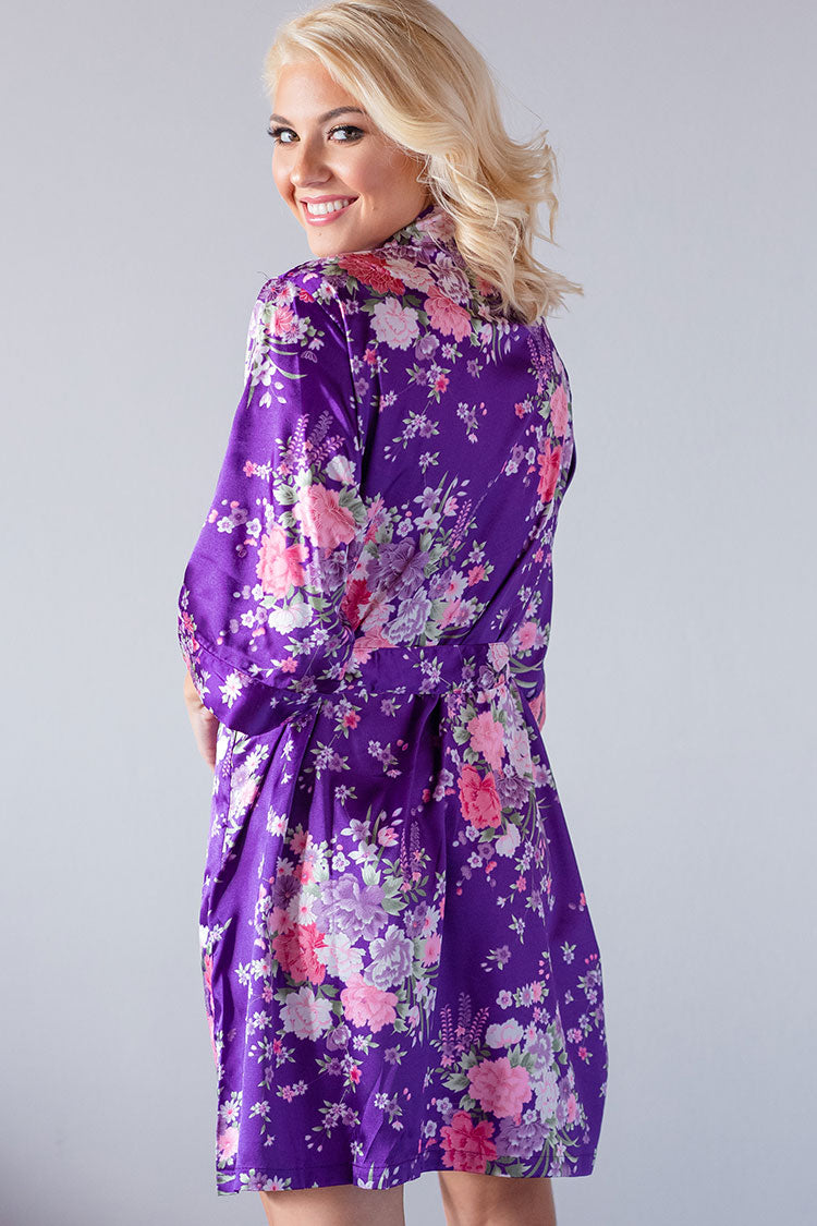 Floral Purple Satin Kimono Robe