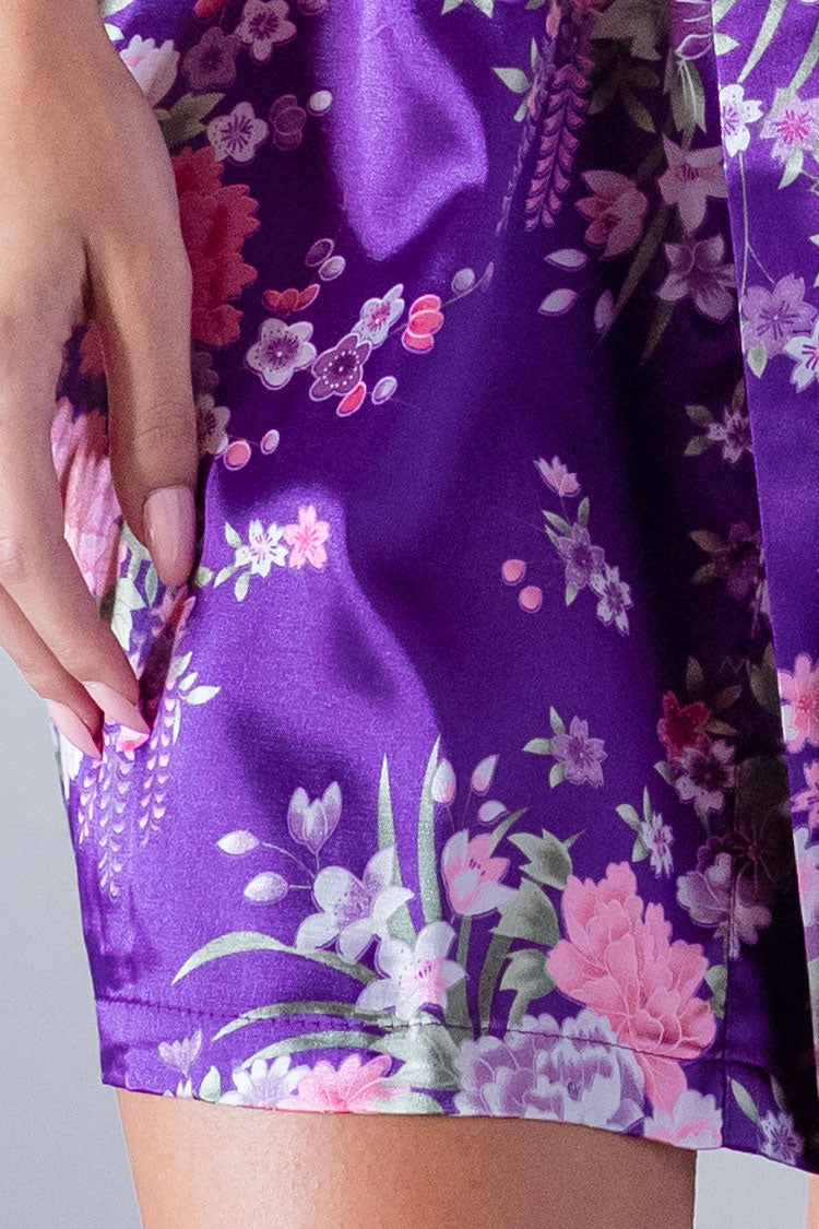 Floral Purple Satin Kimono Robe