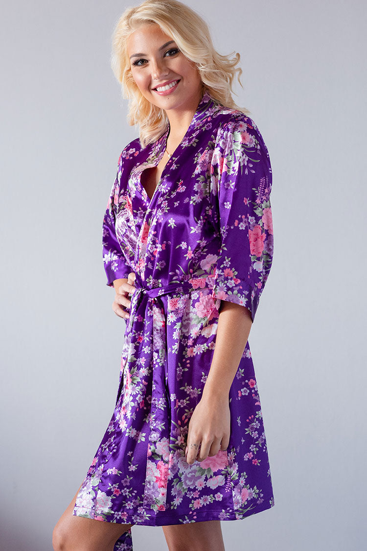 Floral Purple Satin Kimono Robe