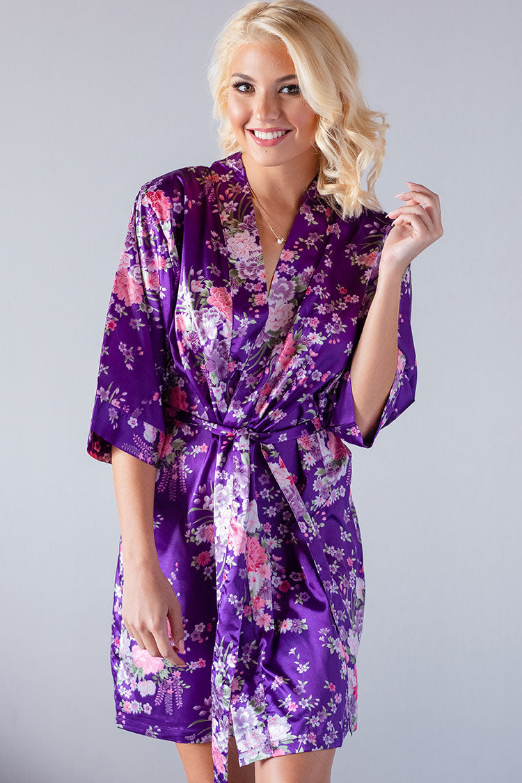 Floral Purple Satin Kimono Robe