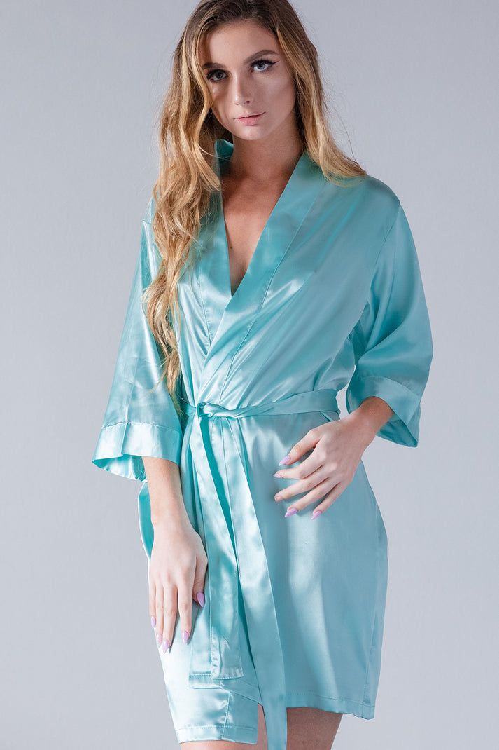 Robin's Egg Blue Satin Kimono Robe - Aqua Bridal Robes – PrettyRobes.com