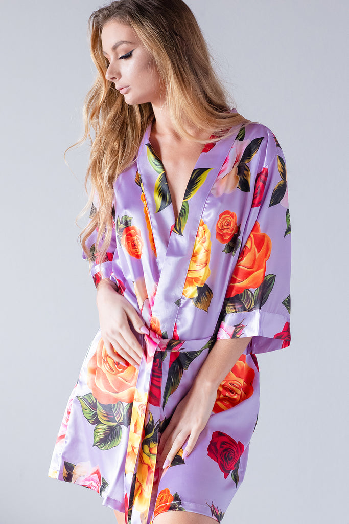 Floral Lavender Satin Kimono Robe