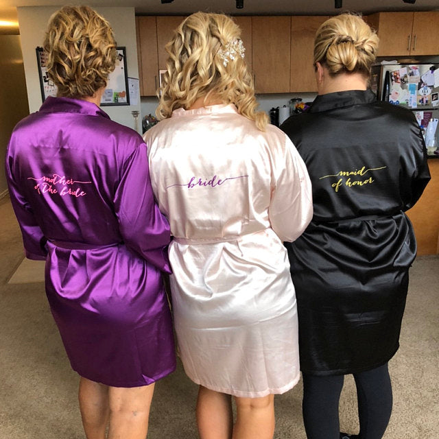 Egg Plant Satin Kimono Robe Custom Text and Back - Purple Bridal Robe - Bridal Robe - Bridesmaid Robe - Purple Robe - PrettyRobes