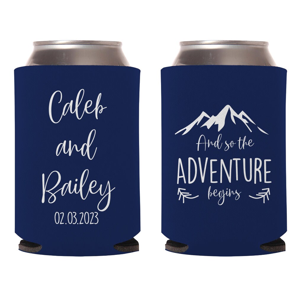 And The Adventure Begins Custom Wedding Can Cooler Favors (381)