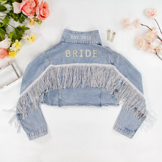 Blue Fringe Pearl Bride Patch Denim Jacket