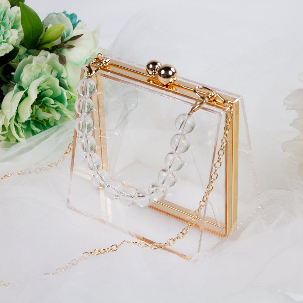 Blue Acrylic Clear Quilted Box Clutch Bags with Transparent Chain