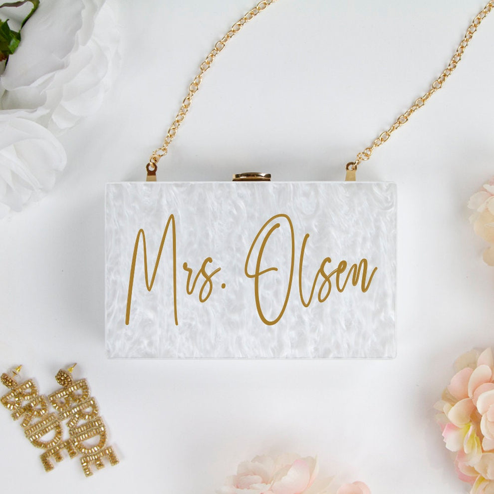Custom Mrs Last Name Box Clutch Personalized Acrylic Purse