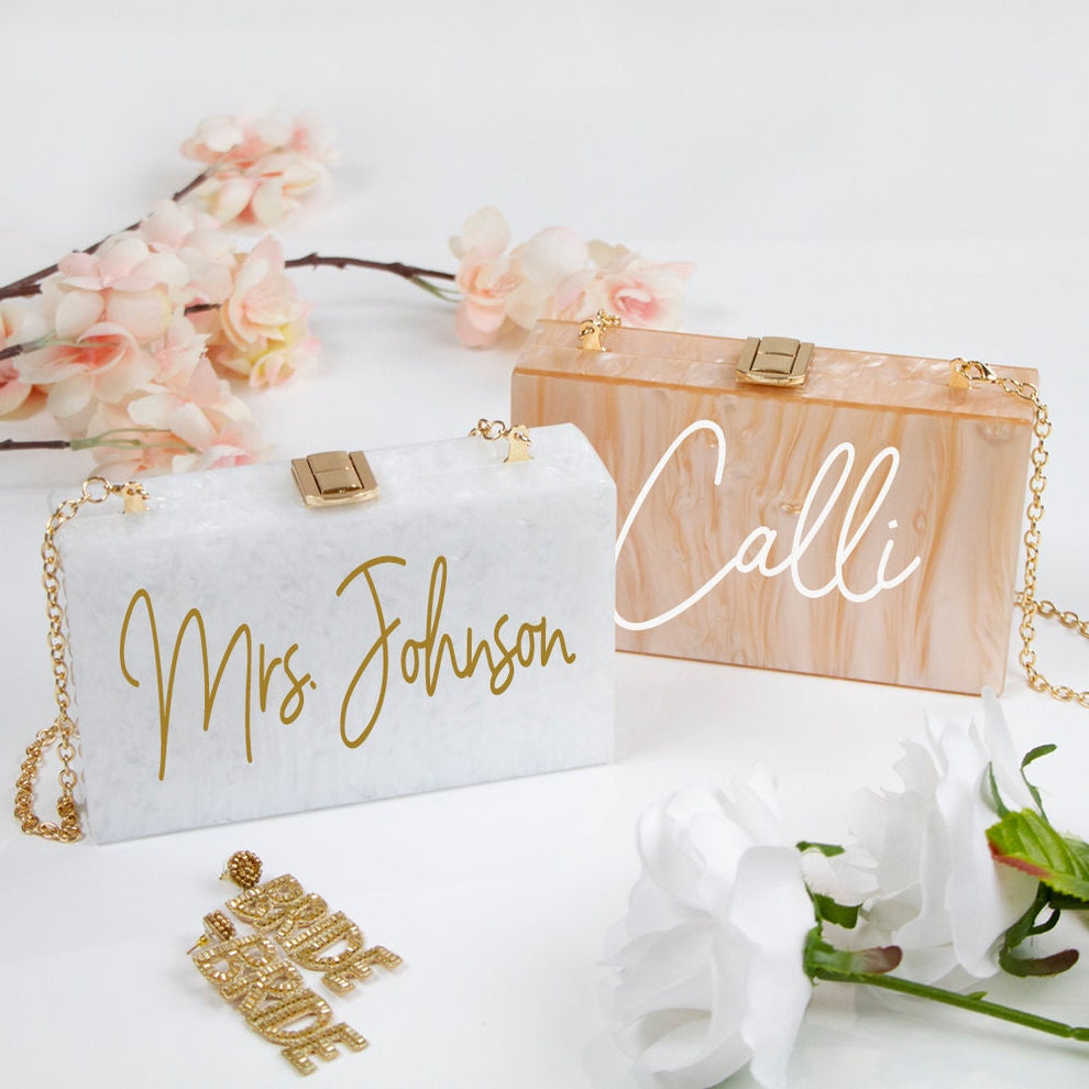 Custom Mrs Last Name Box Clutch Personalized Acrylic Purse