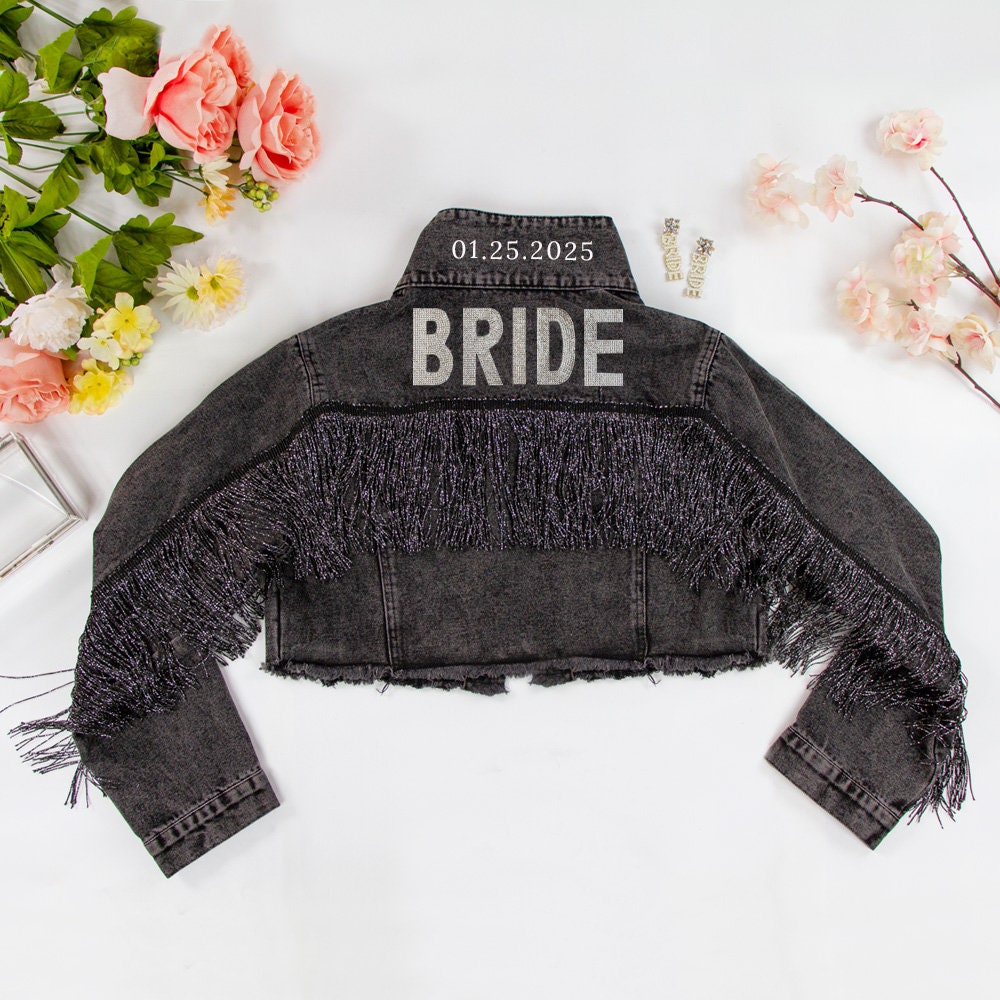 Black Fringe Rhinestone Bride Patch Denim Jacket