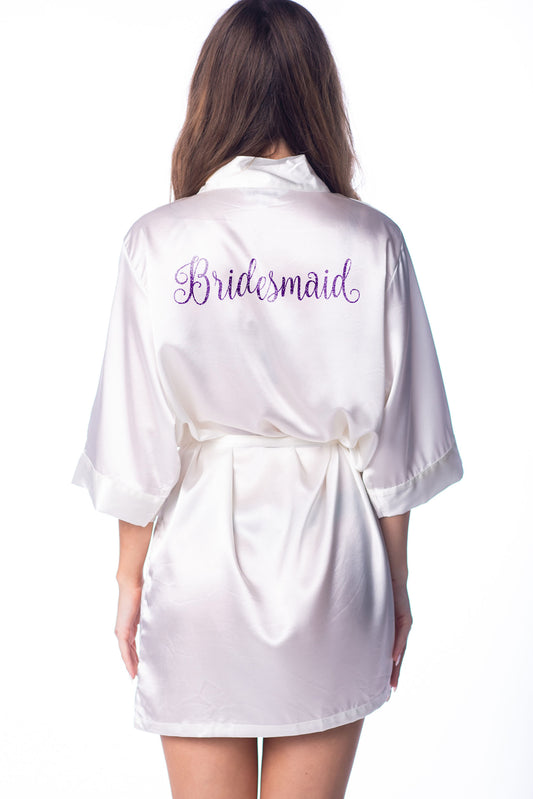 S/M "Bridesmaid" Ivory Satin Robe - Nouradilla in Purple Glitter (Clearance Item)