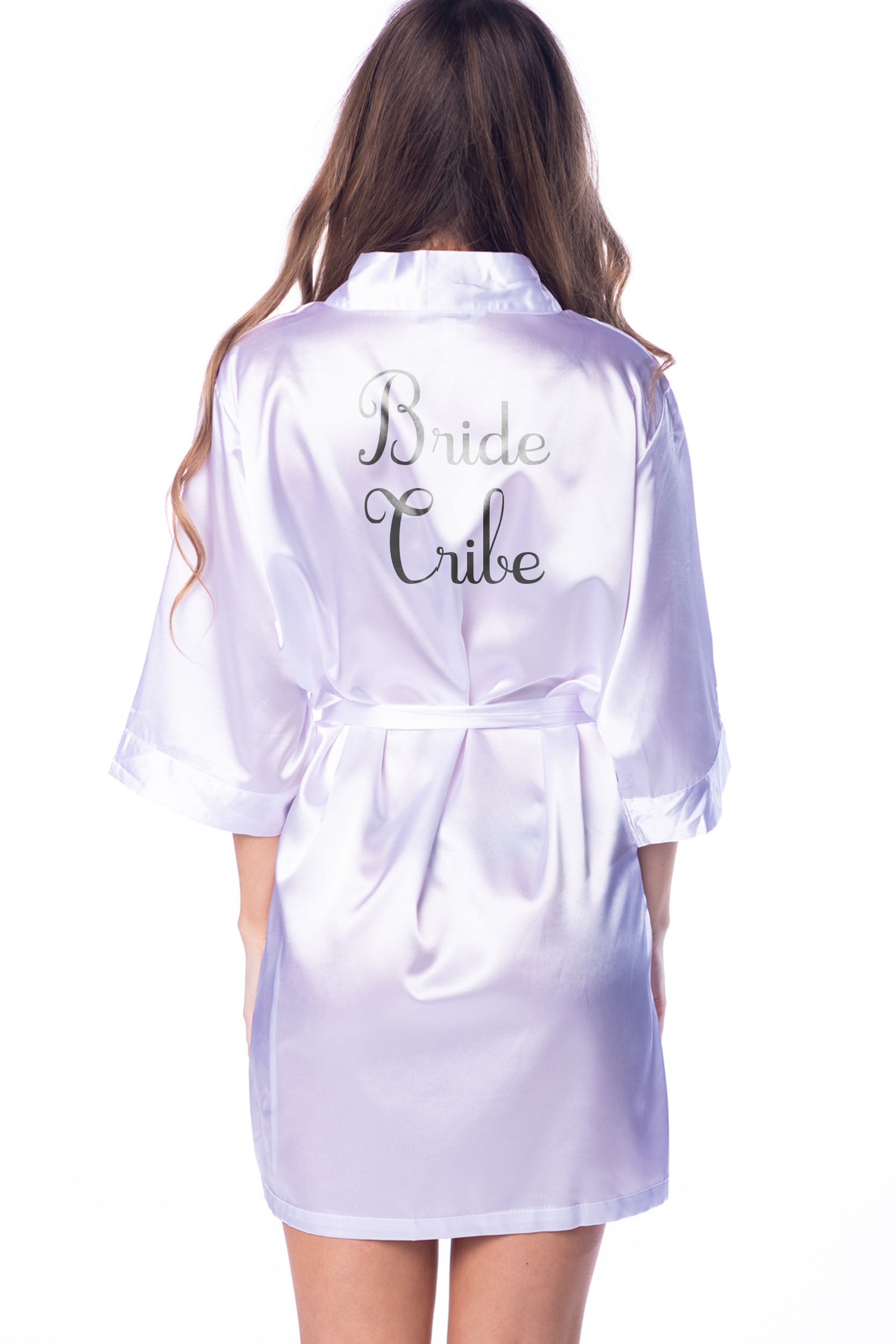 S/M "Bride Tribe" Lavender Satin Robe - Cursif in Metal Silver (Clearance Item)