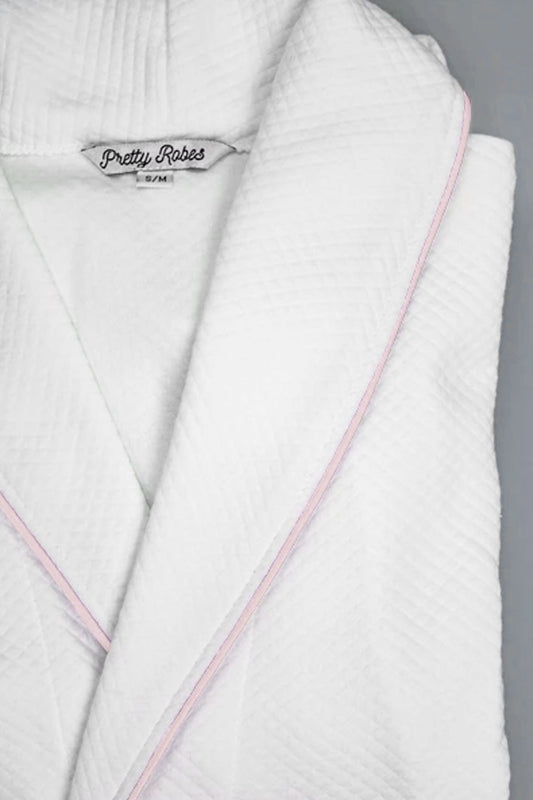 Grid Style Bath Robe White with Light Pink Piping
