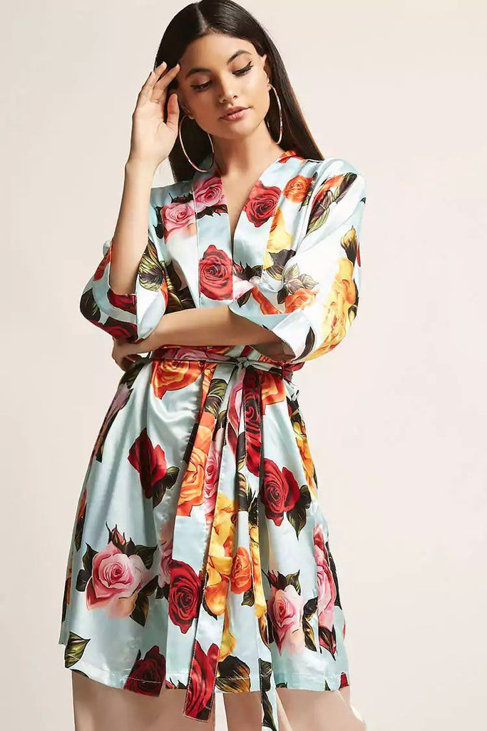 Floral Mint Satin Kimono Robe