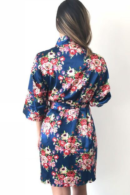 Floral Navy Satin Kimono Robe