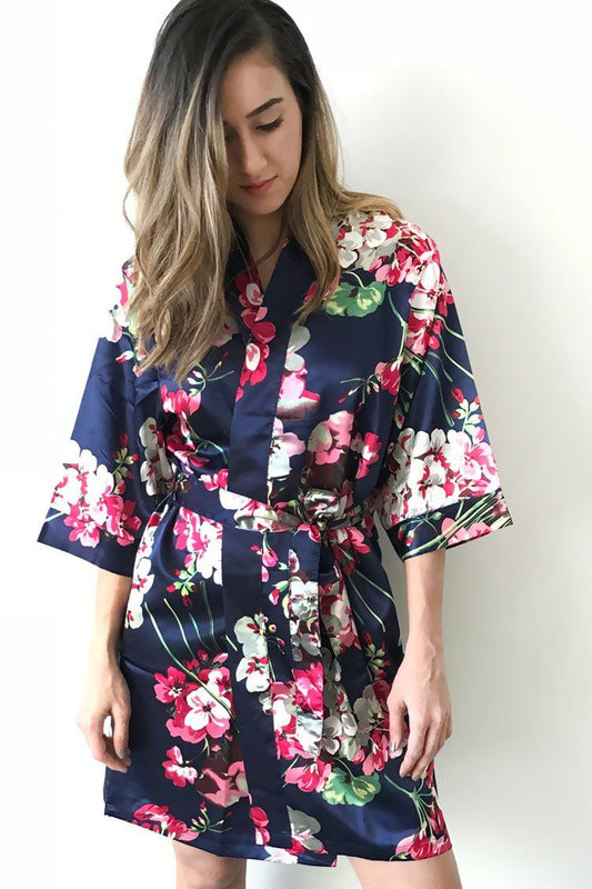 Floral Dark Navy Satin Kimono Robe