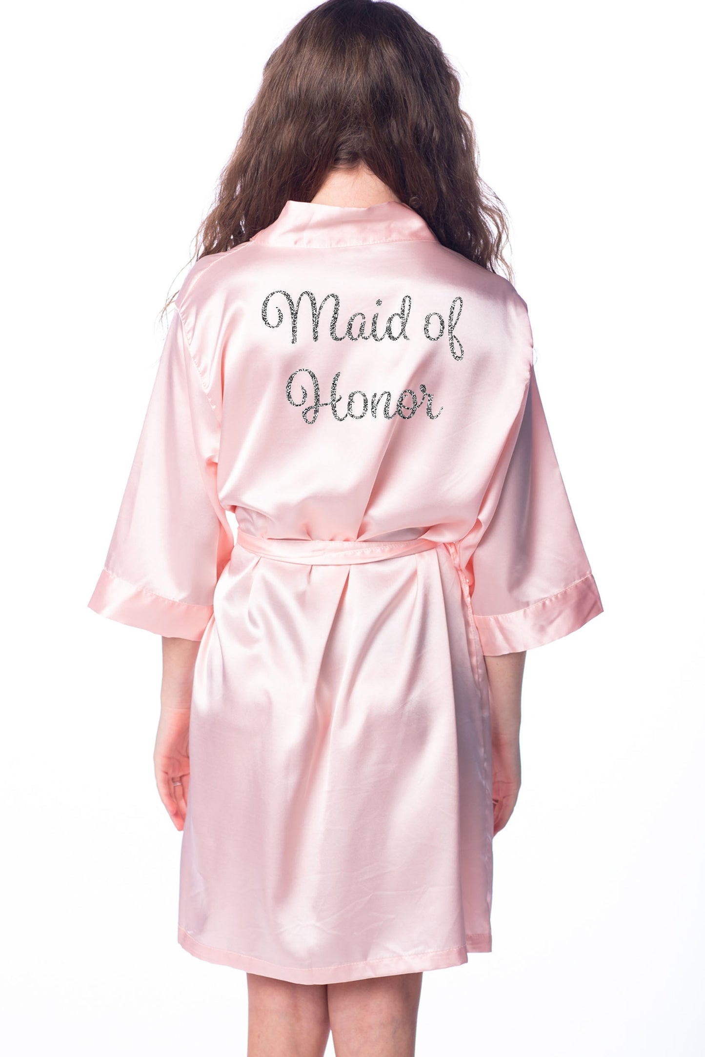L/XL "Maid of Honor" Peach Satin Robe - Spumante in Silver Glitter (Clearance Item)
