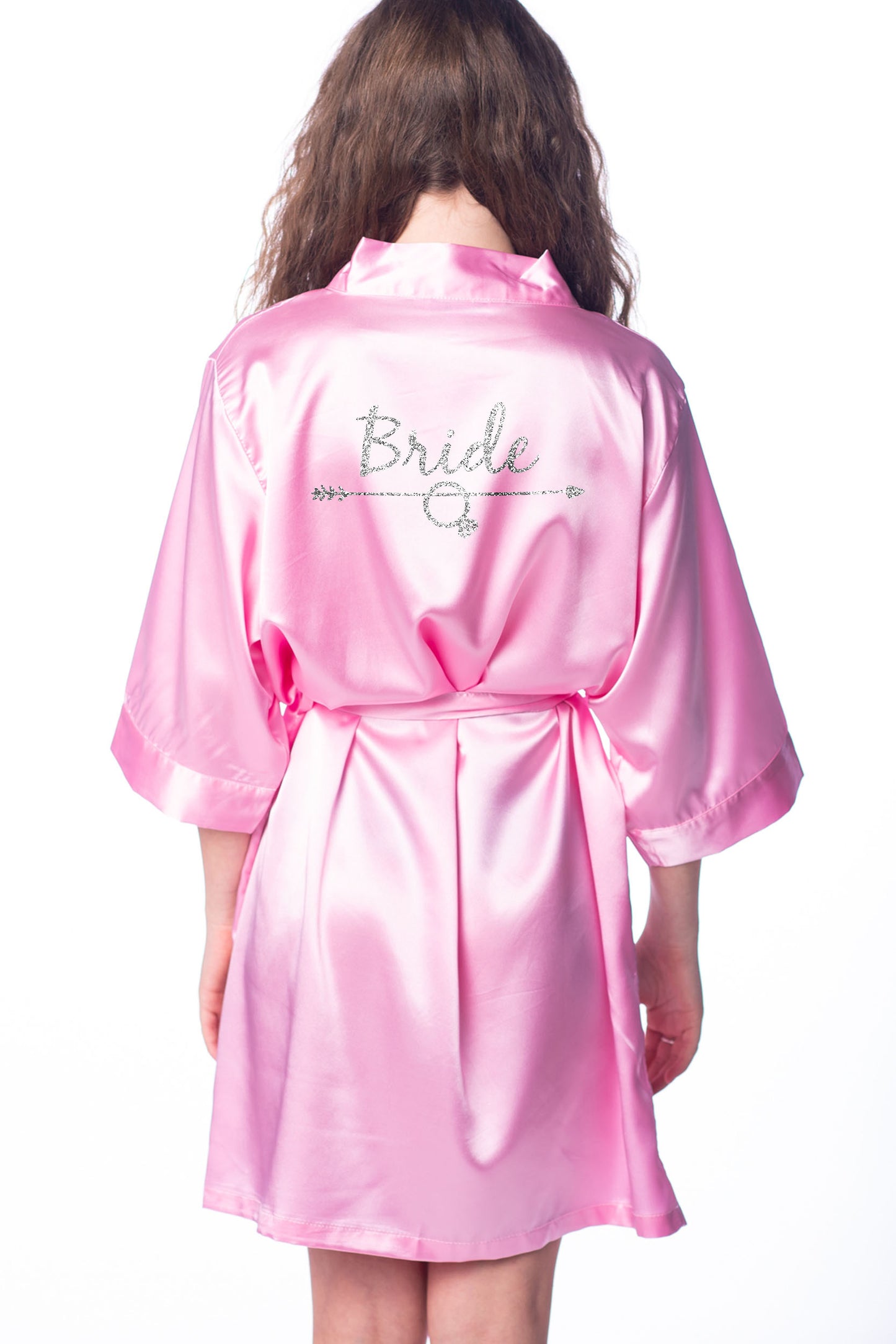 S/M "Bride" Pink Satin Robe - Arrow in Silver Glitter (Clearance Item)