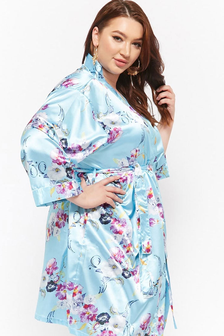 Floral Light Blue Satin Kimono Robe
