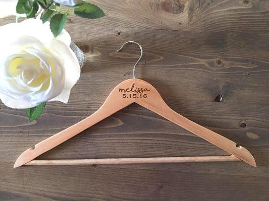 Personalized Script and Wedding Date Engraved  Wooden Hanger Style 2