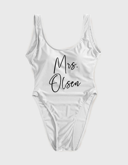 Personalized Mrs Last Name Cursive Style Bachelorette Swimsuit