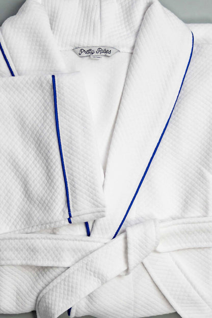 Grid Style Bathrobe White with Royal Blue Piping