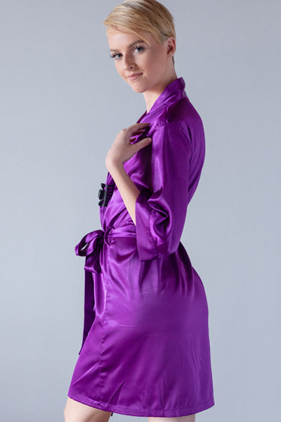 Egg Plant Satin Kimono Robe Side - Purple Bridal Robe - Bridal Robe - Bridesmaid Robe - Purple Robe - PrettyRobes