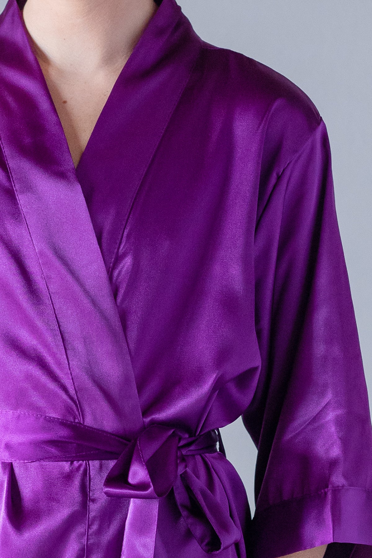 Egg Plant Satin Kimono Robe Close Up - Purple Bridal Robe - Bridal Robe - Bridesmaid Robe - Purple Robe - PrettyRobes
