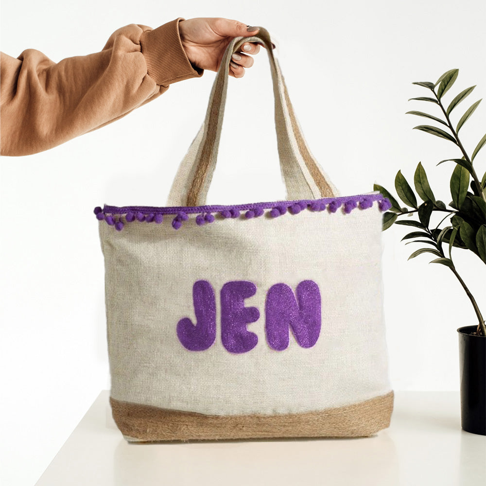 Embroidered Grey Canvas Tote Bag with Rope Handles