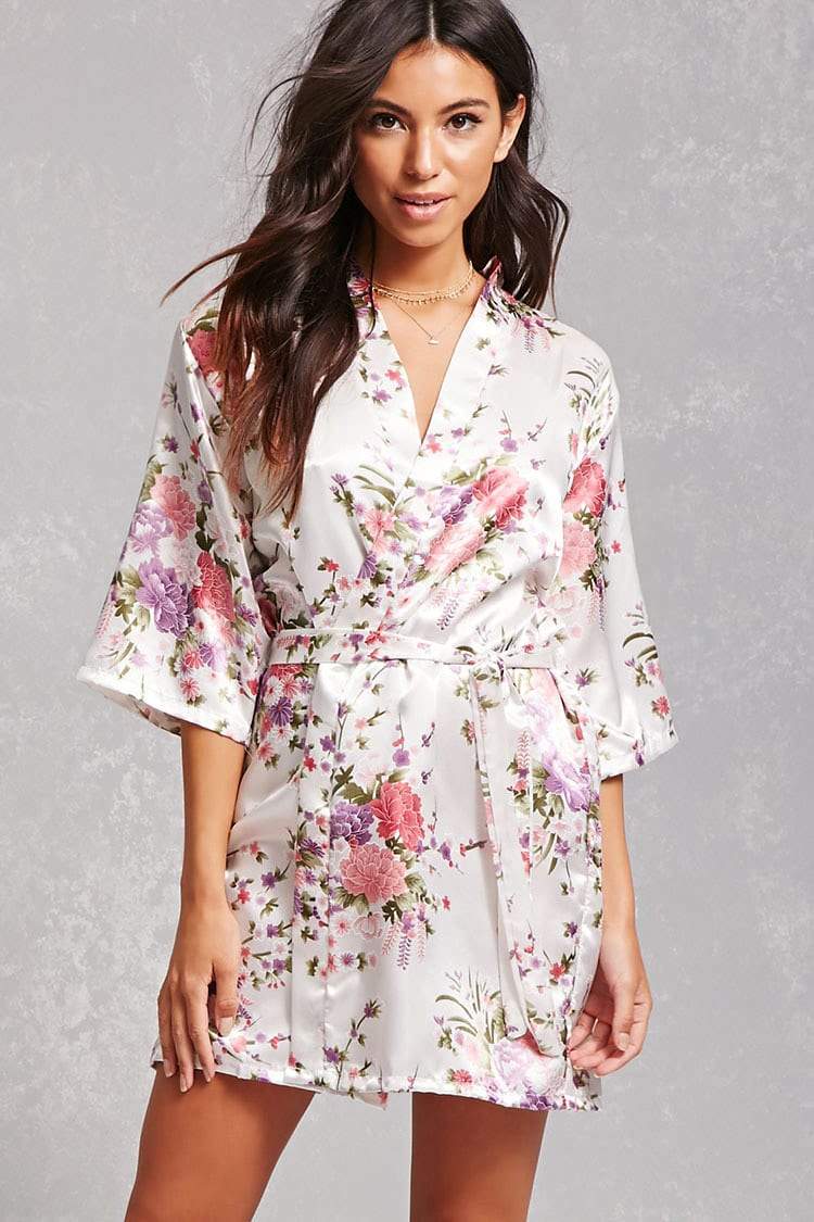Floral Robe - White Satin Kimono Robe – PrettyRobes.com