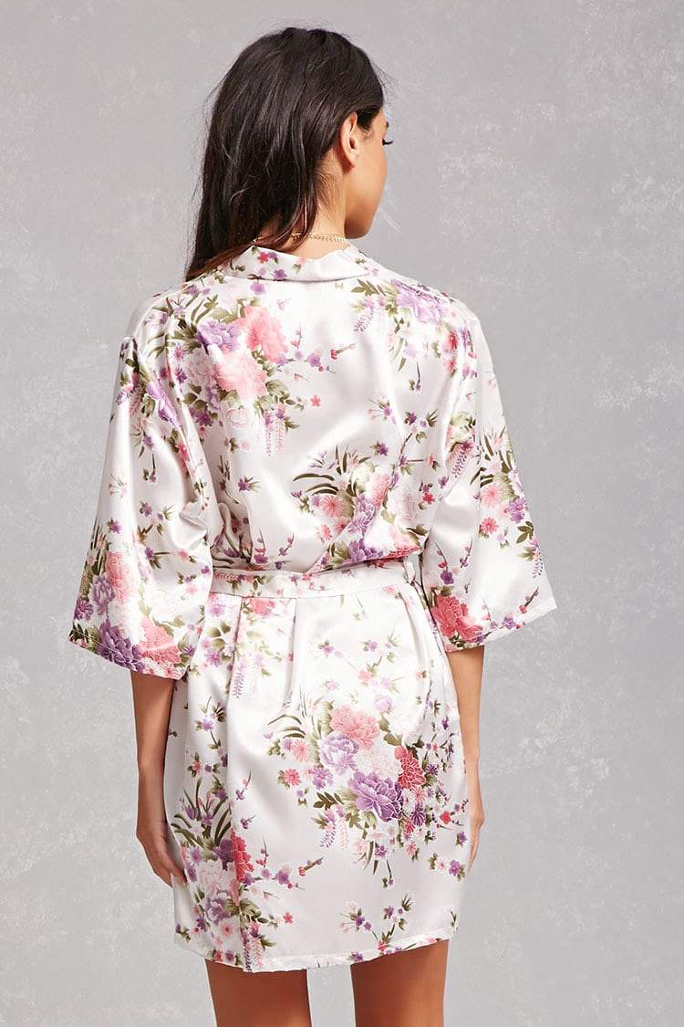 Floral White Satin Kimono Robe